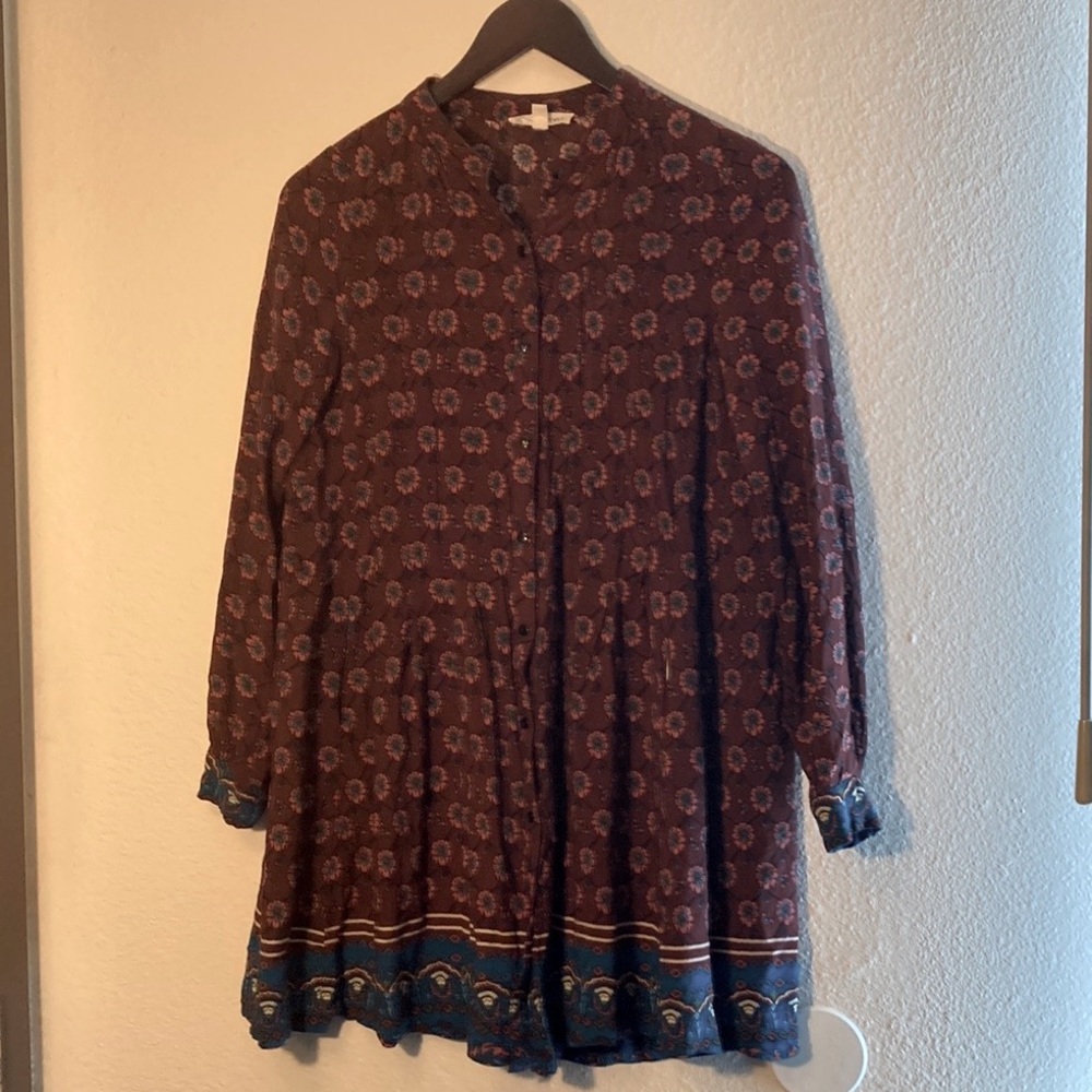 Boho flowy button up dress with long sleeves and pockets